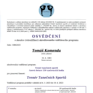 Osvědčení - Trenér tanečních sportů