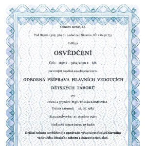 Osvědčení - Odborná příprava hlavních vedoucích dětských táborů